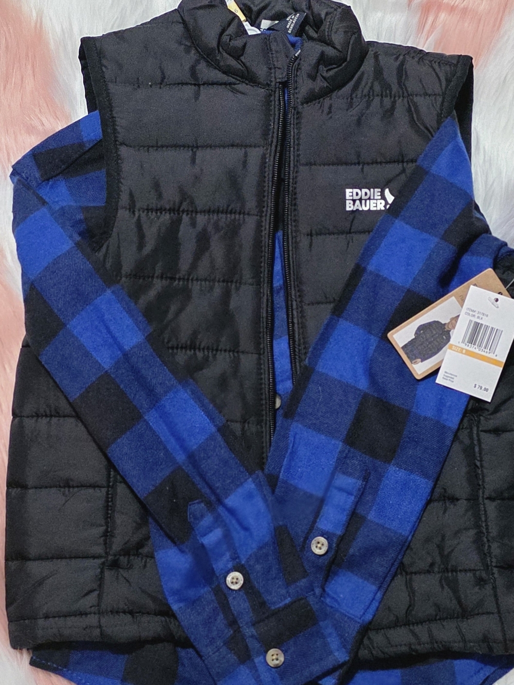 Eddie Bauer Kids Black Puffer Vest with Blue Plaid Shirt Size 6